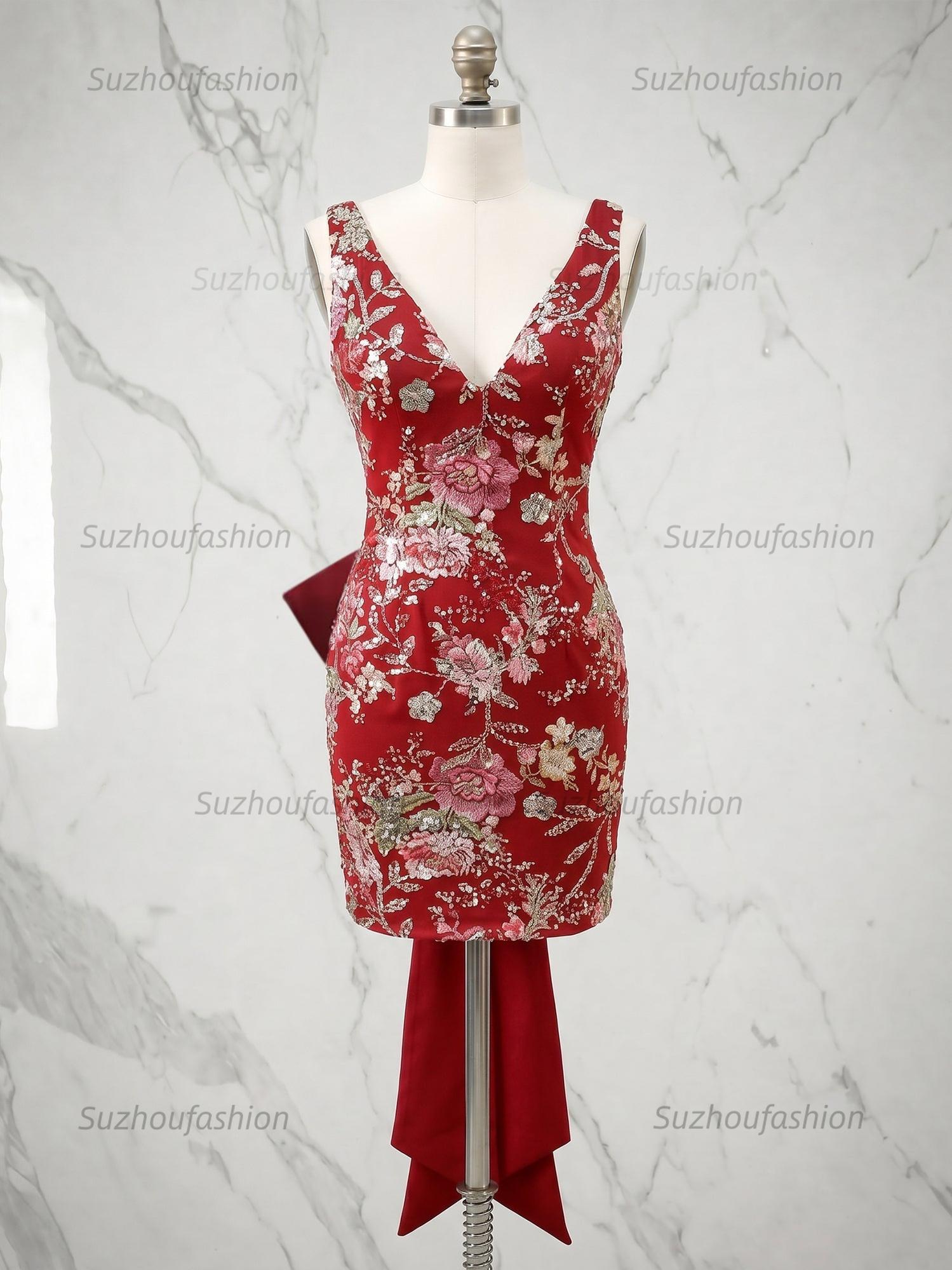 White Floral Embroidered Deep V-Neck Homecoming Dress with Oversized Bow Train