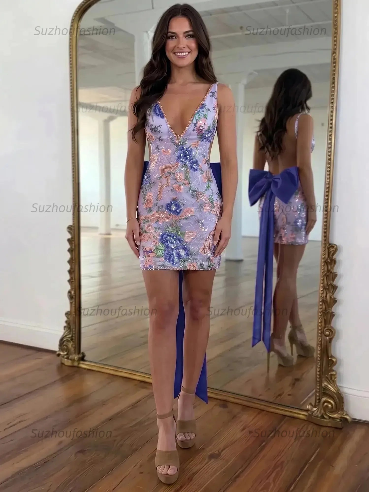White Floral Embroidered Deep V-Neck Homecoming Dress with Oversized Bow Train