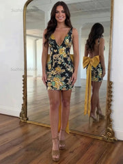 White Floral Embroidered Deep V-Neck Homecoming Dress with Oversized Bow Train
