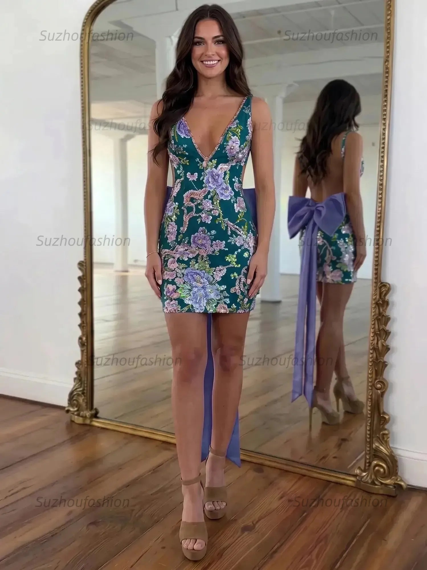 White Floral Embroidered Deep V-Neck Homecoming Dress with Oversized Bow Train
