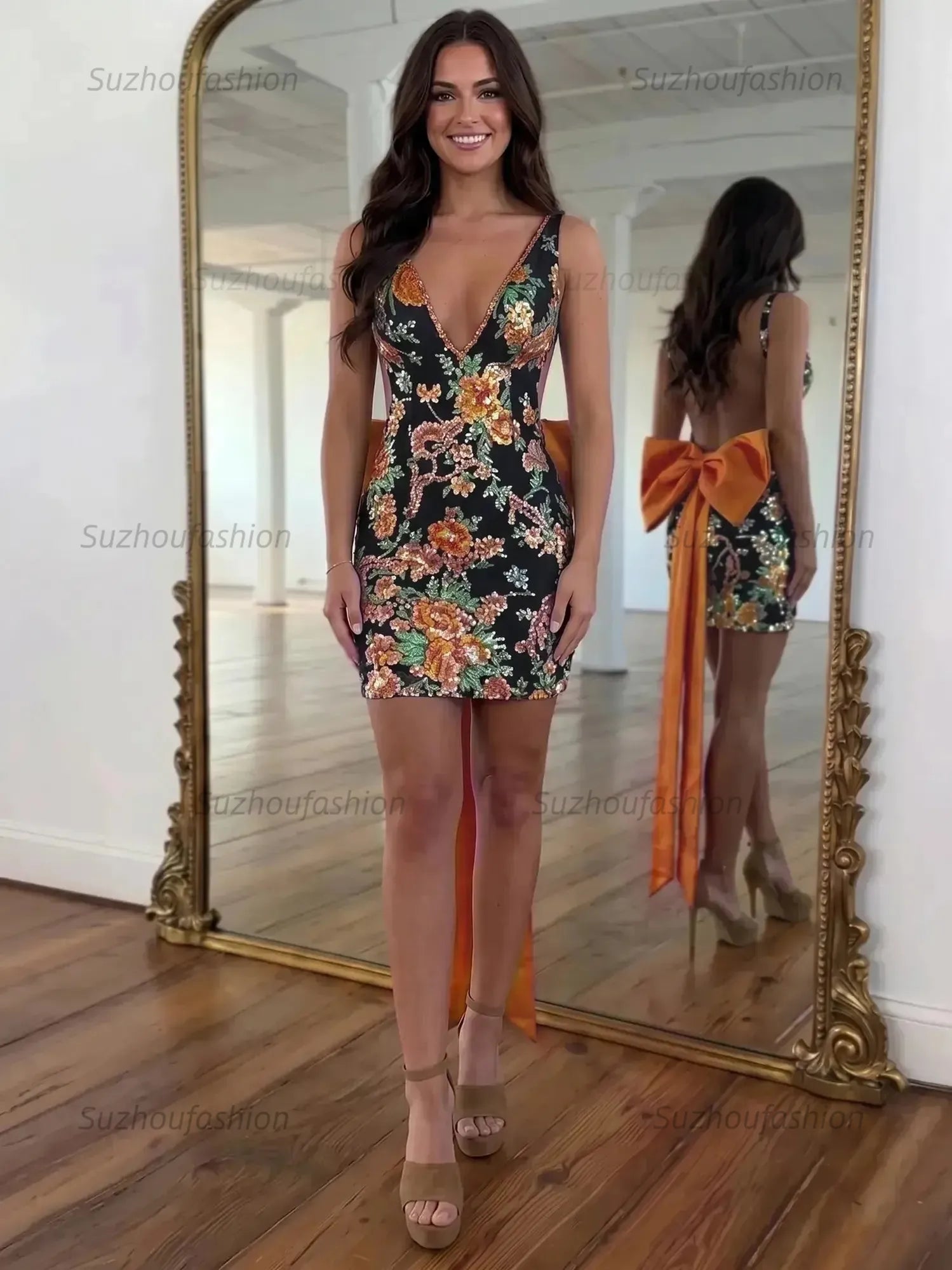 White Floral Embroidered Deep V-Neck Homecoming Dress with Oversized Bow Train