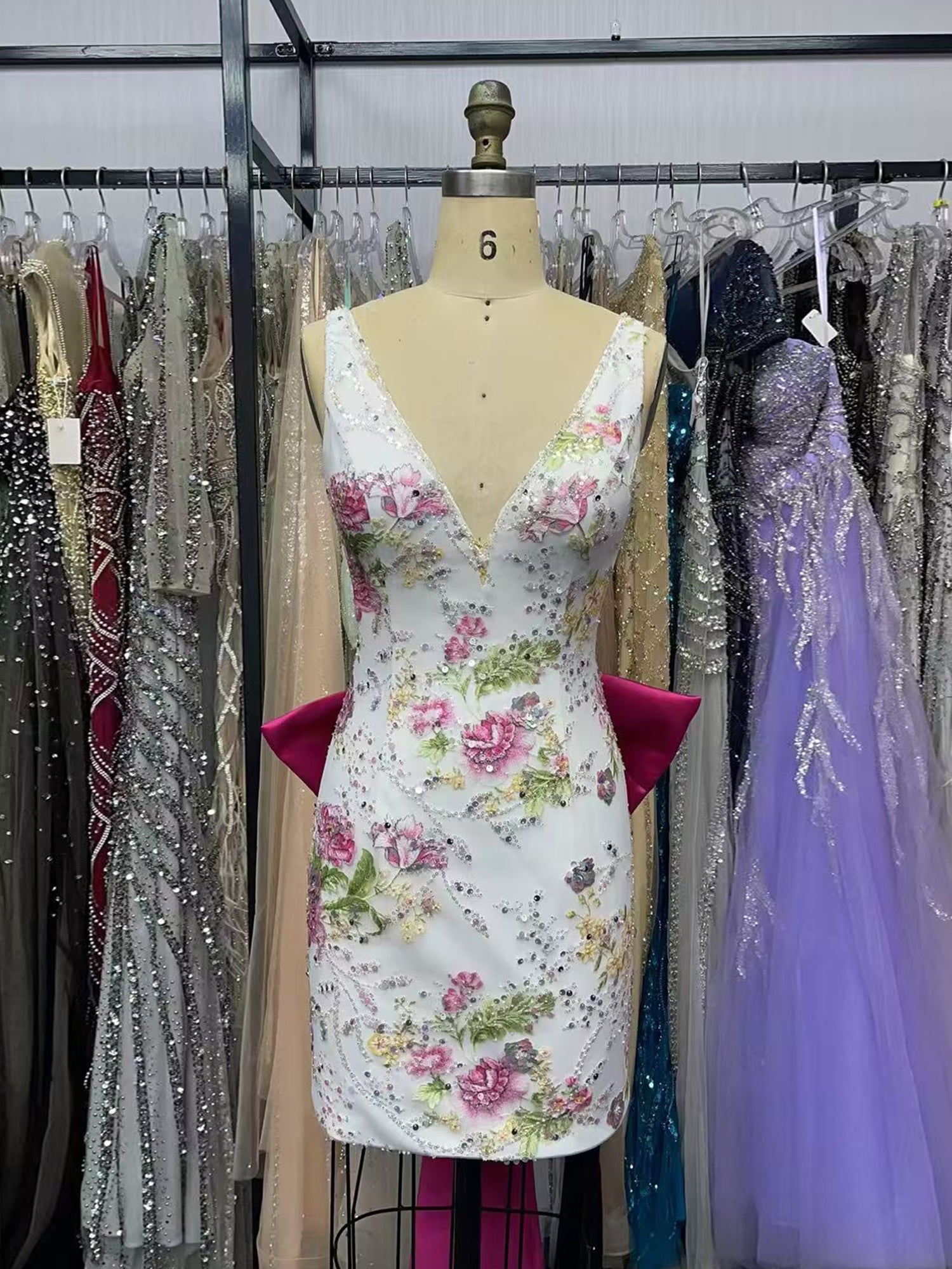 White Floral Embroidered Deep V-Neck Homecoming Dress with Oversized Bow Train