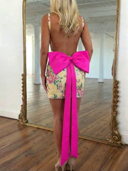 White Floral Embroidered Deep V-Neck Homecoming Dress with Oversized Bow Train
