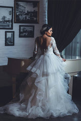 White Lace-Appliques Wedding Dresses | Open-Back Long-Sleeves Bridal Gowns