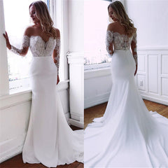 White Long-Sleeves Lace Illusion-Jewel Fascinating Chapel-Train Mermaid Wedding Dresses