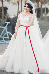 White Long Sleeves Tulle Wedding Dresses | Long A-Line Lace Brial Gowns
