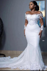 White Mermaid Beach Wedding Dress with Long Sleeves Pearls Tulle Lace Bridal Gown Sweep Train