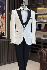White Peaked Lapel 3 Piece Jacquard Men's Suit