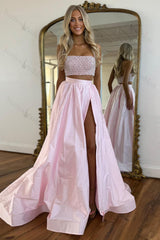 White Prom Dress 2 Piece Beaded Satin Long Formal Dress With Slit