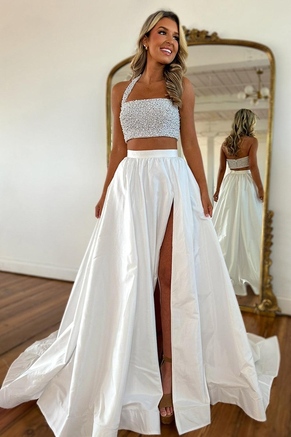 Suzhoufashion White Prom Dress 2 Piece Beaded Satin Long Formal Dress with Slit Suzhoufashion White Prom Dress 2 Piece Beaded Satin Long Formal Dress with Slit