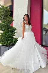 White Prom Dress A Line Ruffled Tiered Beaded Long Pageant Dress With Slit