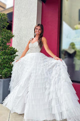 White Prom Dress A Line Ruffled Tiered Beaded Long Pageant Dress With Slit