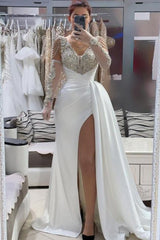 White Prom Dress A Line V Neck Beaded Front Slit Panel Train Satin Formal Dress