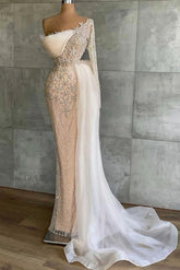 White Prom Dress Long Sleeve Mermaid Appliques Evening Formal Dress Beaded With Ruffles