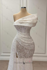 White Prom Dress Mermaid One Shoulder Sleeveless Sequined Panel Train Tulle Formal Dress With Slit