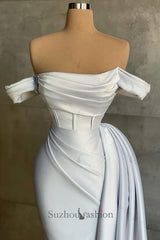 White Prom Dress Mermaid Strapless Off The Shoulder Satin Panel Train Formal Dress