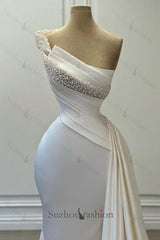 White Prom Dress Mermaid Strapless One Shoulder Beaded Satin Panel Train Formal Dress