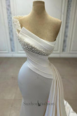 White Prom Dress Mermaid Strapless One Shoulder Beaded Satin Panel Train Formal Dress