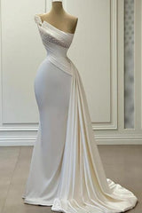 White Prom Dress Mermaid Strapless One Shoulder Beaded Satin Panel Train Formal Dress