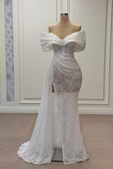 White Prom Dress Mermaid Strapless Sequined Off The Shoulder Sleeveless Tulle Formal Dress With Slit
