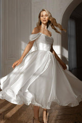 White Prom Dress Off the Shoulder Sleeveless Long Evening Formal Dress With Pleated