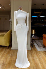 White Prom Dress One Shoulder Mermaid Long Sleeves Evening Formal Dress With Pleated