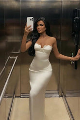 White Prom Dress Strapless Sleeveless Long Mermaid Evening Formal Dress With Pleated