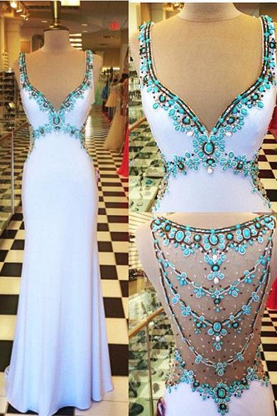 White Prom Dresses Turquoise Crystals Open Back Evening Gowns