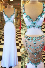 White Prom Dresses Turquoise Crystals Open Back Evening Gowns