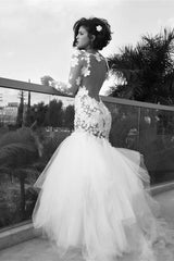 White Sexy Mermaid Tulle Long Bridal Gown Long Sleeve Backless Floor Length Wedding Dress