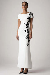 White Sheath Appliqued Long Formal Dress With Short Sleeves