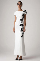 White Sheath Appliqued Long Formal Dress With Short Sleeves