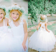 White Tulle Long Flower Girl Dress White Lace Dress with Crossed Back BO8530