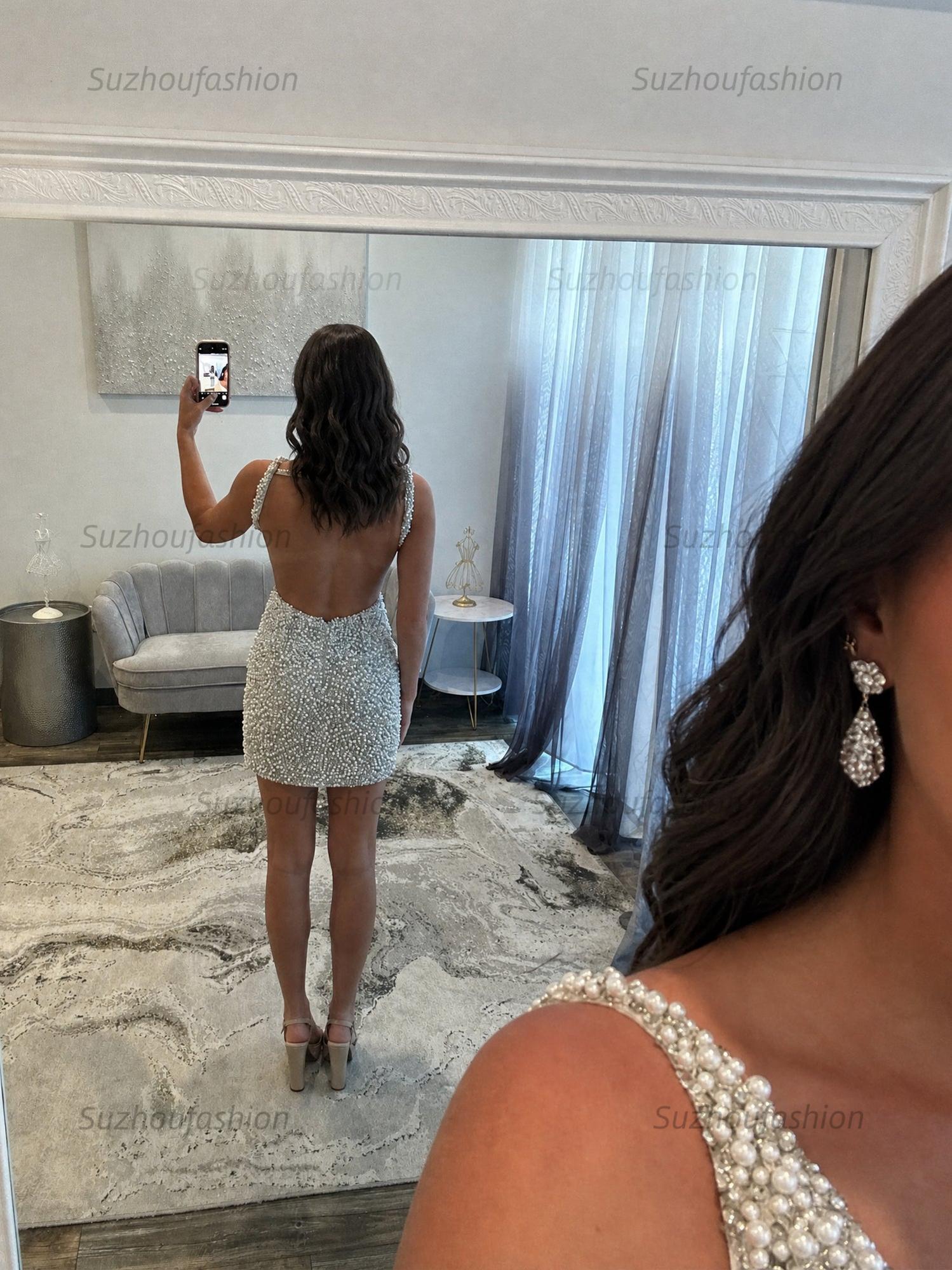 White V Neck Pearl Embellished Short Homecoming Dress
