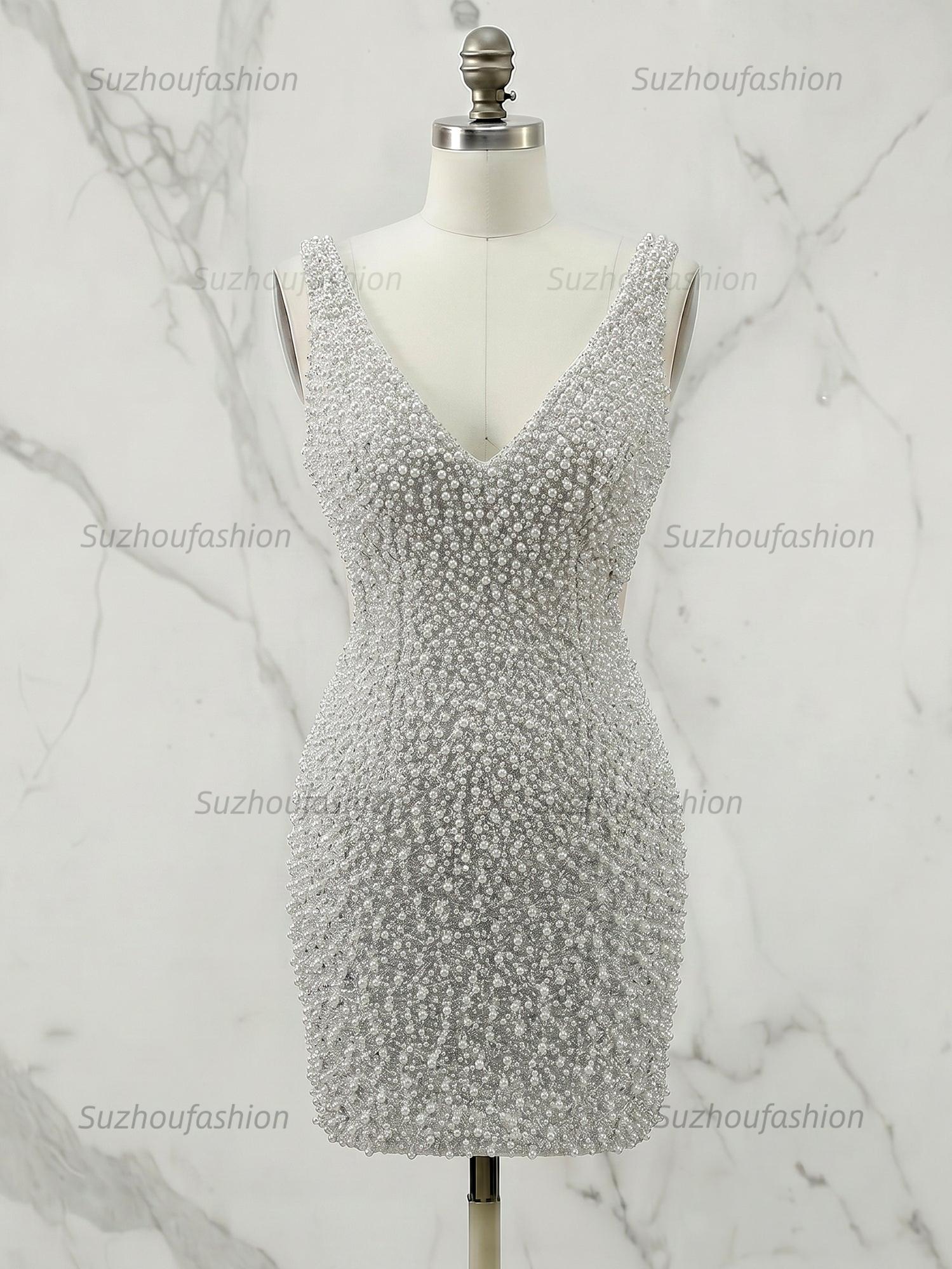 White V Neck Pearl Embellished Short Homecoming Dress