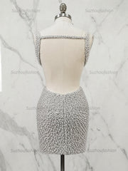 White V Neck Pearl Embellished Short Homecoming Dress