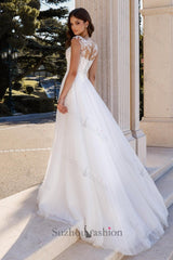 White Wedding Dress A Line Crew Sleeveless Lace Sweep Train Tulle Bridal Gown With Slit