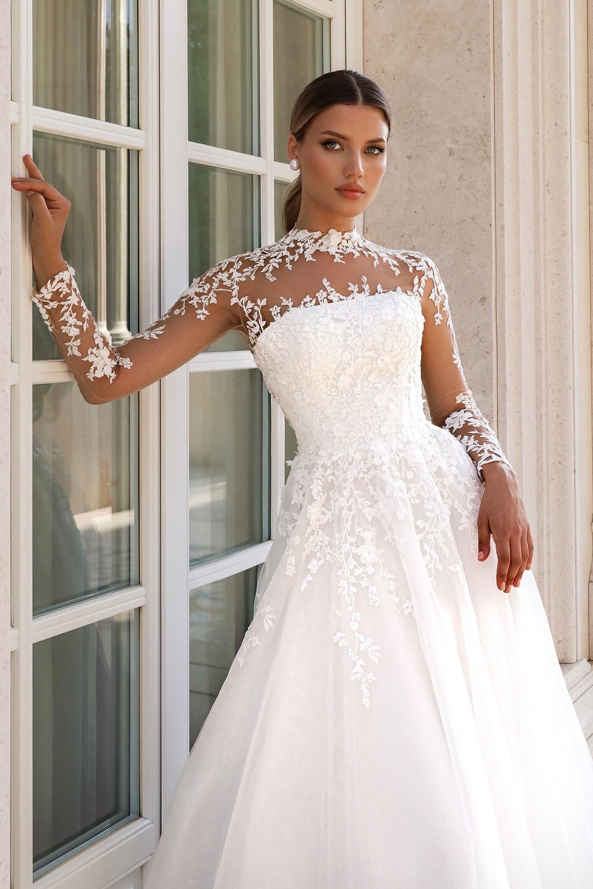 White Wedding Dress A Line Lace High Neck Long Illusion Sleeves Sweep suzhoufashion White Wedding Dress A Line Lace High Neck Long Illusion Sleeves Sweep suzhoufashion