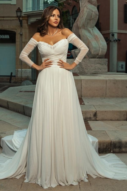 White Wedding Dress A Line Off The Shoulder Long Sleeves Chiffon Ruffles Bridal Gown