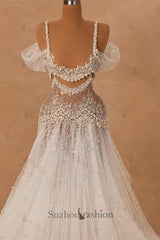 White Wedding Dress A Line Off The Shoulder Spaghetti Strap Beaded Lace Sleeveless Long Tulle Bridal Gown With Pearls
