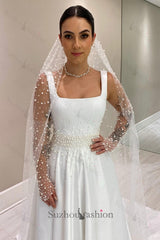 White Wedding Dress A Line Spaghetti Straps Sleeveless Beaded Chapel Train Satin Bridal Gown With Pearls