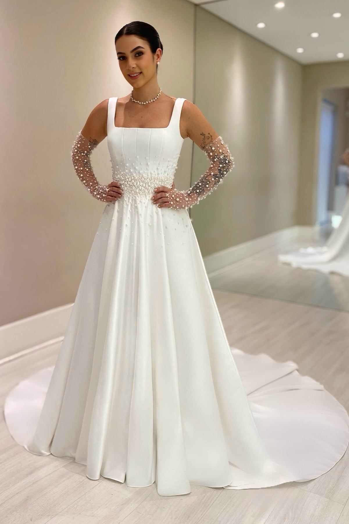 White Wedding Dress A Line Spaghetti Straps Sleeveless Beaded Chapel Train Satin Bridal Gown With Pearls White Wedding Dress A Line Spaghetti Straps Sleeveless Beaded Chapel Train Satin Bridal Gown With Pearls