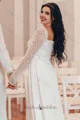 White Wedding Dress A Line Square Beaded Long Sleeves Ruffles Panel Train Satin Bridal Gown