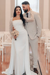 White Wedding Dress A Line Square Beaded Long Sleeves Ruffles Panel Train Satin Bridal Gown