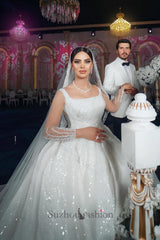 White Wedding Dress A Line Square Spaghetti Strap Beaded Illusion Sleeves Sequined Ball Gown Long Satin Bridal Gown With Ruffles