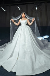 White Wedding Dress A Line Square Spaghetti Strap Beaded Illusion Sleeves Sequined Ball Gown Long Satin Bridal Gown With Ruffles