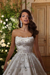White Wedding Dress A Line Strapless Beaded Ball Gown Sleeveless Cathedral Train Satin Bridal Gown With 3D Flowers