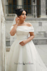 White Wedding Dress A Line Strapless Off The Shoulder Sleeveless Long Chiffon Bridal Gown With Ruffles