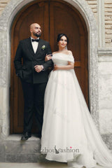 White Wedding Dress A Line Strapless Off The Shoulder Sleeveless Long Chiffon Bridal Gown With Ruffles