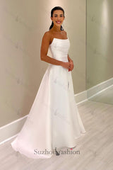 White Wedding Dress A Line Strapless Sleeveless Floor Length Satin Bridal Gown With Ruffles